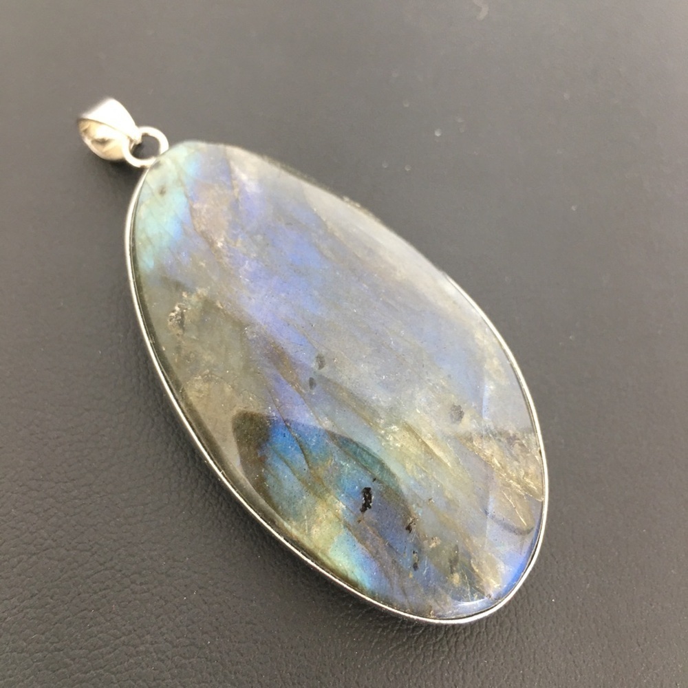 Labradorite Blue Green Flash Large Pendant Oval Natural Stone Silver Metal Wrap - Picture 5 of 14